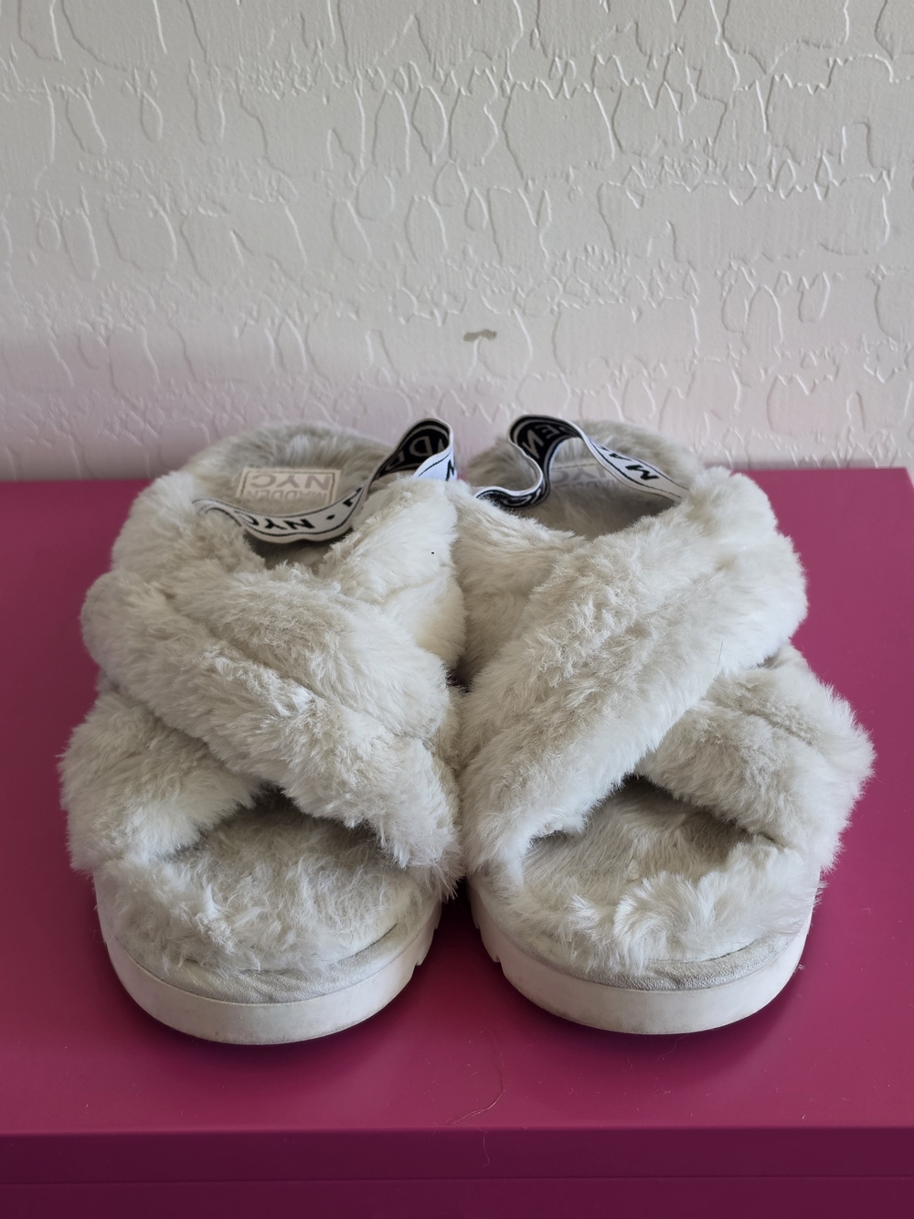 Faux Fur Cross-Band Slides in Cream - NYX (Women)